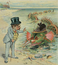 Summer-Hotel Proprietor and Sea Serpent Poster Print by Jas. Cassel, whimsical coastal art.