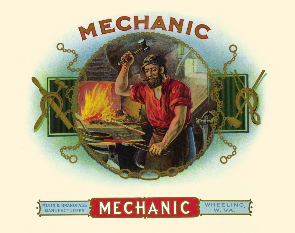 Vintage mechanic smithing poster print showcasing metalwork craftsmanship.