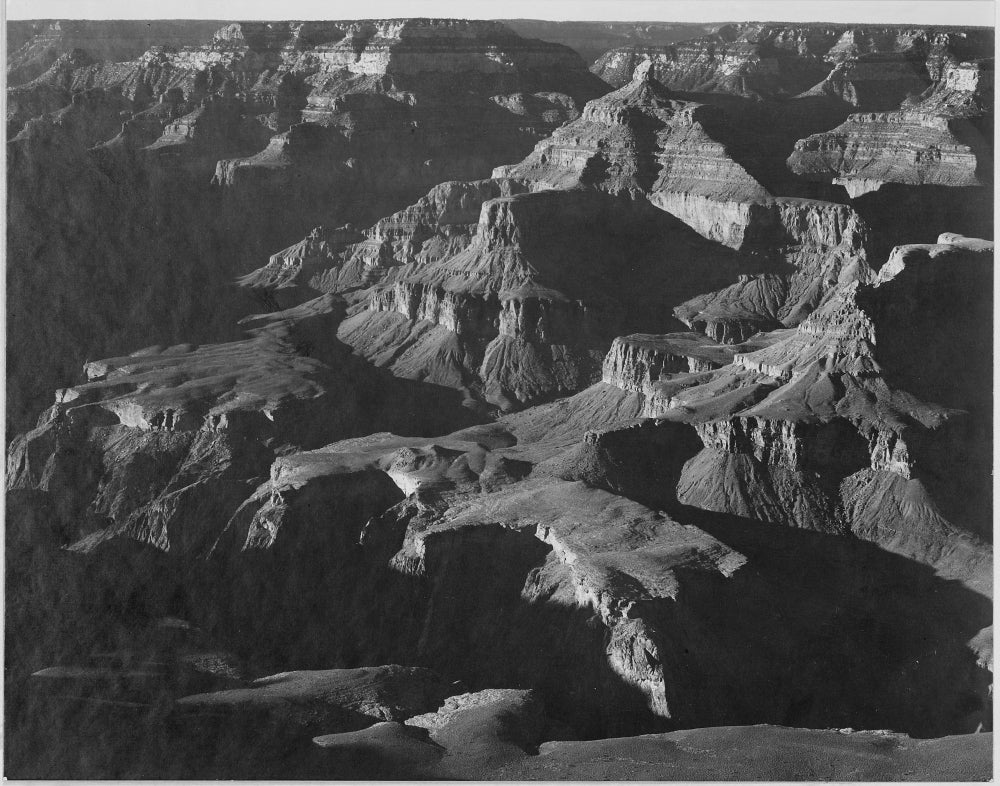 Grand Canyon National Park Poster Print by Ansel Adams showcasing majestic peak formations.