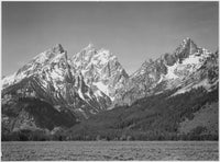 Grand Teton National Park Poster Print by Ansel Adams featuring grassy valley and snow-covered peaks.