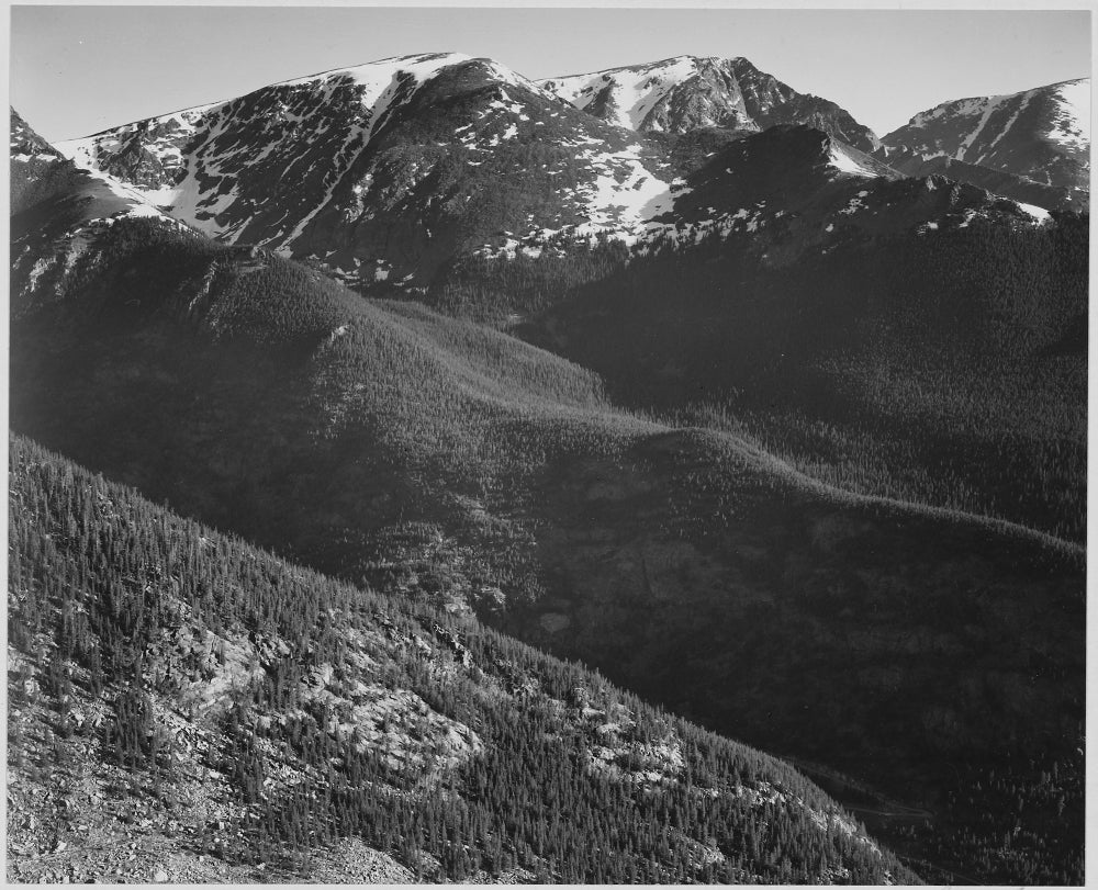 Ansel Adams poster print of Rocky Mountain National Park showcasing hills and mountains.