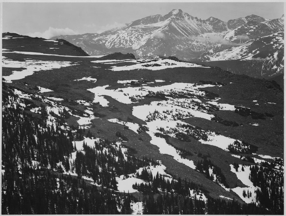 Long's Peak snow-covered mountain poster print by Ansel Adams.