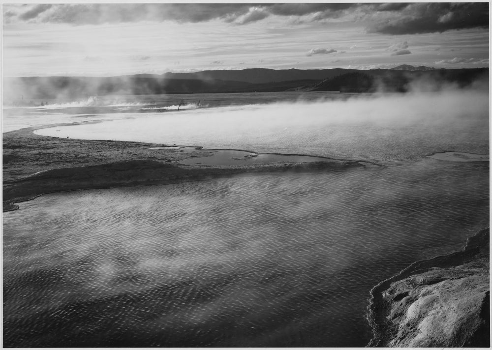 Fountain Geyser Pool poster print by Ansel Adams featuring a steaming pool in Yellowstone National Park.