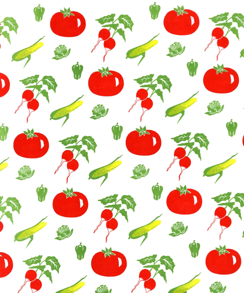 Vintage Vegetable Wallpaper Poster Print featuring tomatoes, corn, bell peppers, and radishes.