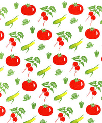Vintage Vegetable Wallpaper Poster Print featuring tomatoes, corn, bell peppers, and radishes.