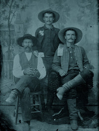 Tintype photograph of three men from the 1870s holding large currency notes.