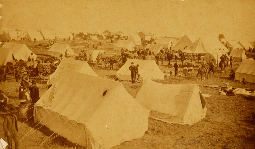 Oklahoma Land Rush Active Camp Scene Poster Print by P. Miller, featuring men, horses, and wagons during the historic land rush.