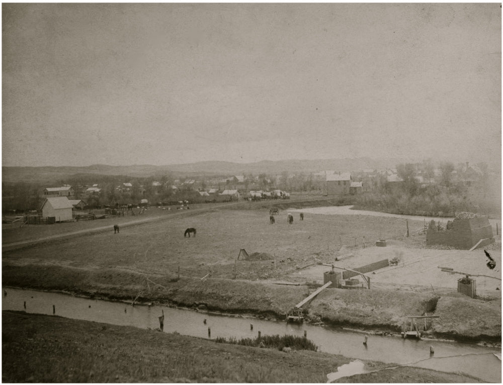 Historic photograph print of Sheridan, Wyoming from the 1880s, showcasing the North side of town.