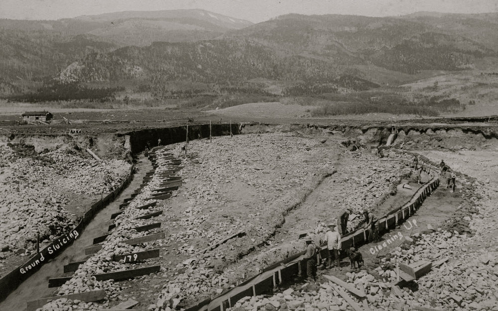 Ground Sluicing Colorado Art Print showing gold miners working in the 1800s.