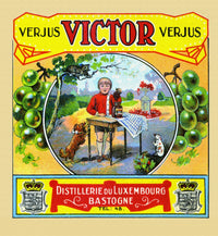 Belgian liquor label poster print featuring a boy with grapes and two begging dogs