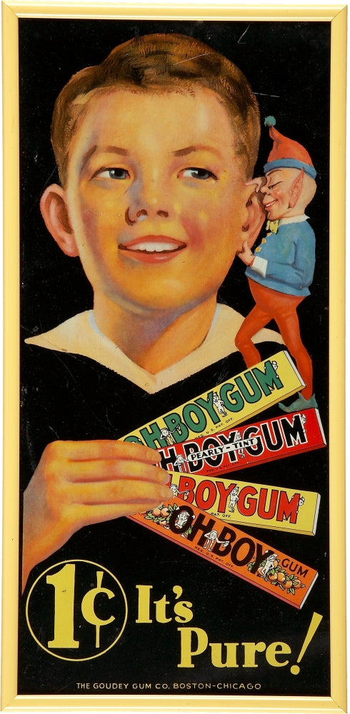 Vintage Oh Boy Gum Advertising Poster featuring boy and sprite.