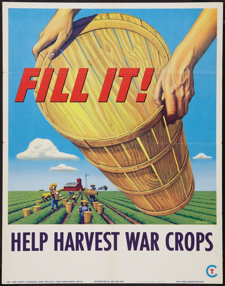 World War II 'Help Harvest War Crops' poster print by Stevan Dohanos featuring farm workers harvesting crops.