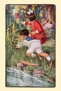 Rhyme of the Golden Age poster print by George Reiter Brill showing children picking flowers by a stream.