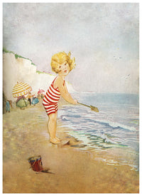 A Little Girl Shovels and Plays in the Waves Beach Poster by Eugenie Richards