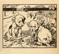 Two playful puppies in a garden, poster print.