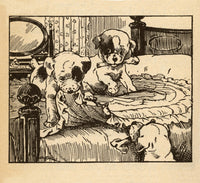 Poster print featuring two playful puppies destroying a blanket on the bed.