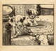 Poster print featuring two playful puppies destroying a blanket on the bed.