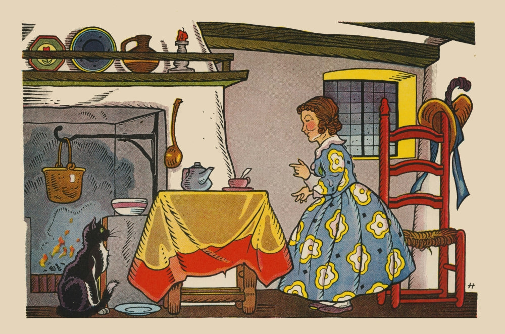 Whimsical poster of a little girl enjoying tea with her cat, artwork by George and Doris Hauman.