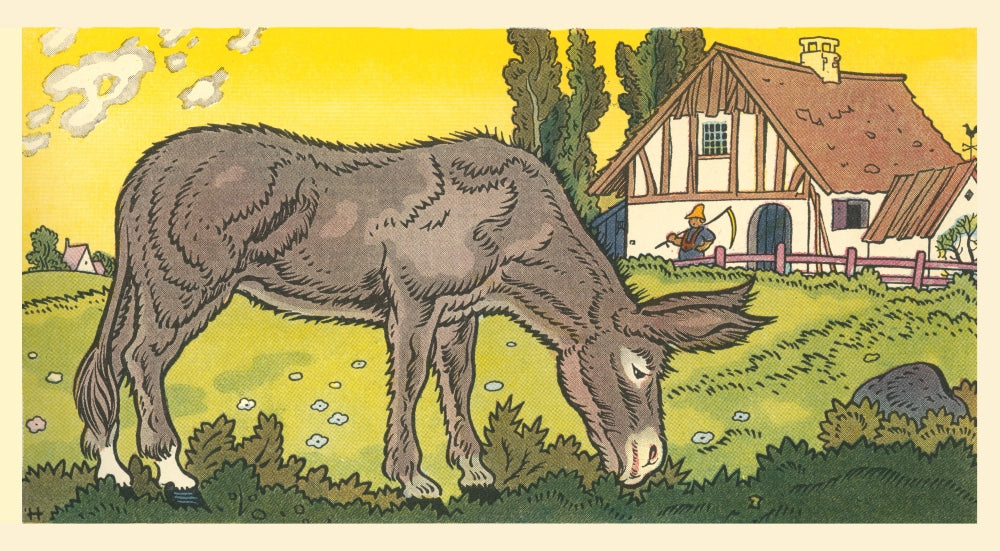Illustration of a donkey grazing in a farm pasture from 'Stories that Never Grow Old' by George Hauman and Doris Holt Hauman.