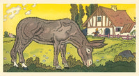 Illustration of a donkey grazing in a farm pasture from 'Stories that Never Grow Old' by George Hauman and Doris Holt Hauman.