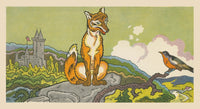 Bird on a branch conversing with a fox illustration from Stories that Never Grow Old by Hauman.
