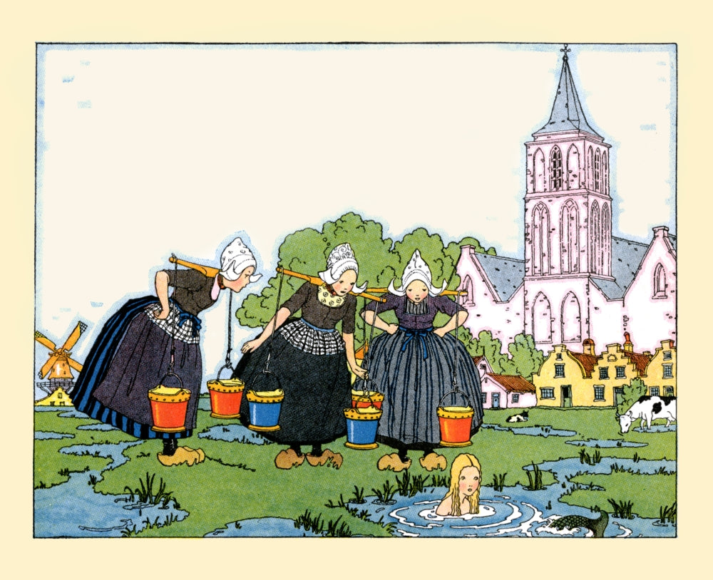 Three Dutch maids encountering a mermaid swimming in a pond - Poster Print by Maud & Miska Petersham.