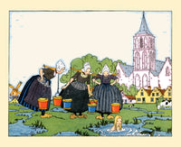 Three Dutch maids encountering a mermaid swimming in a pond - Poster Print by Maud & Miska Petersham.