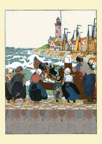 Children and a man watching a rowboat fight the waves poster print by Maud & Miska Petersham.