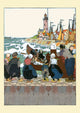 Children and a man watching a rowboat fight the waves poster print by Maud & Miska Petersham.