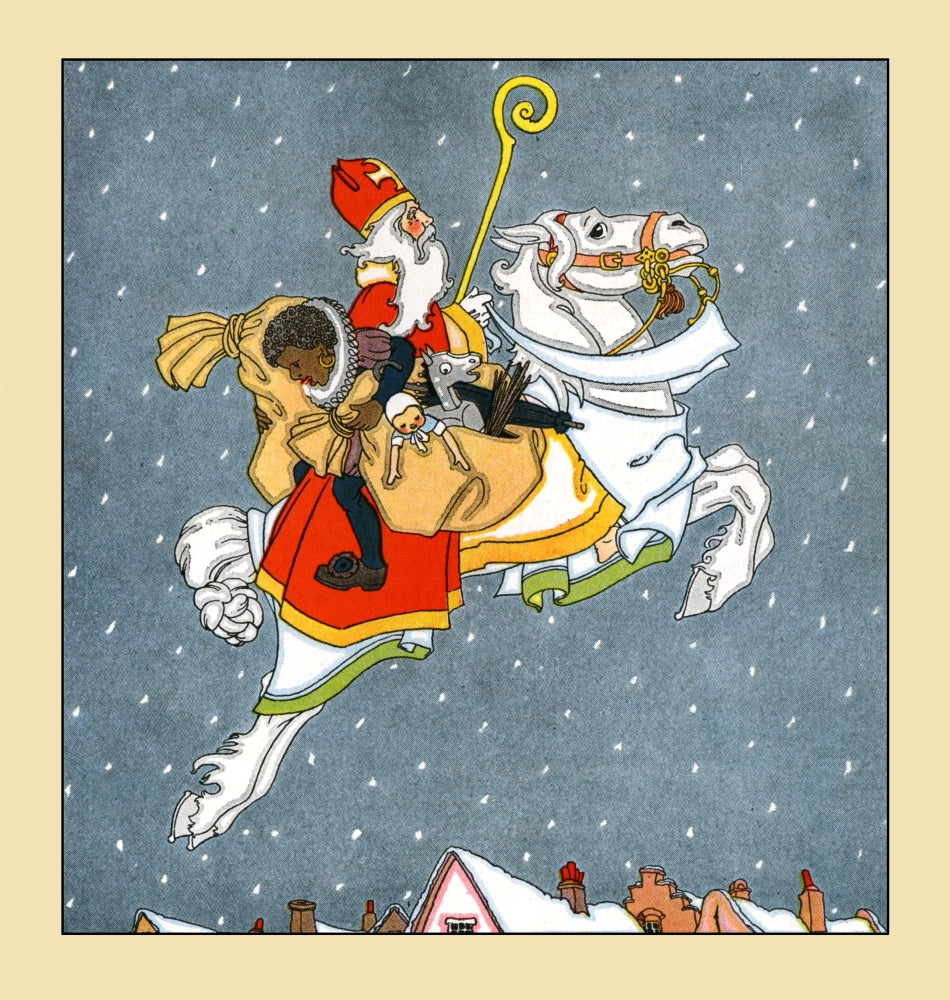 Dutch Santa Claus riding a white horse with a bag of toys poster print by Maud & Miska Petersham.