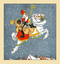 Dutch Santa Claus riding a white horse with a bag of toys poster print by Maud & Miska Petersham.