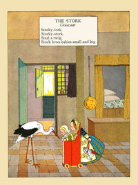 Charming Stork Encounter Poster Print featuring a baby and her sister looking at a stork.