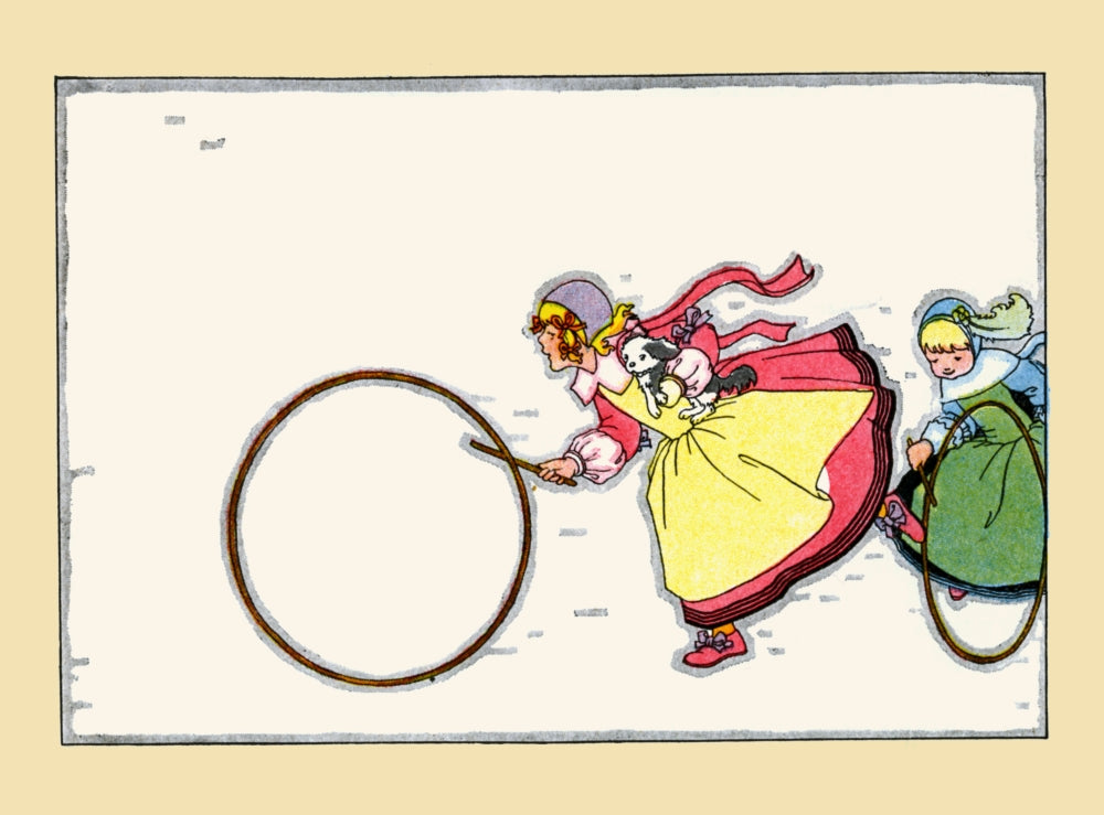 Chasing the Hoop poster print featuring a girl and her dog in a playful scene
