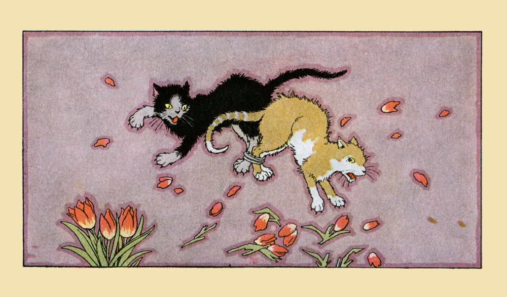 Two cats playfully fighting among tulip flowers - Poster Print by Maud & Miska Petersham
