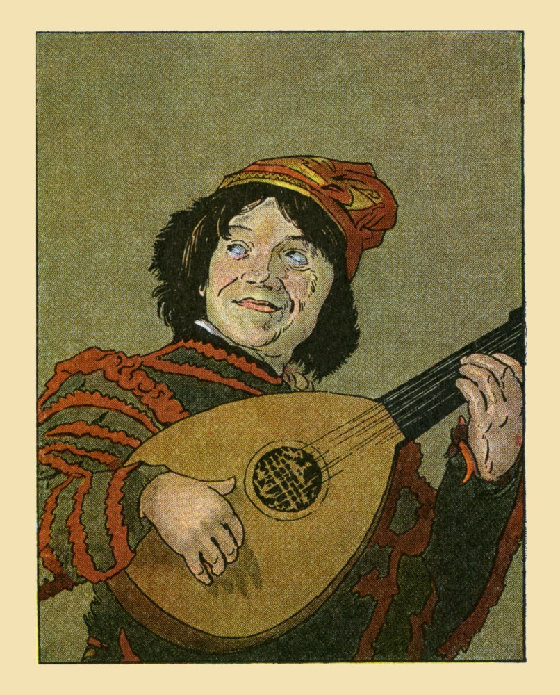 Jester with Lute art print by Maud & Miska Petersham, vibrant illustration.