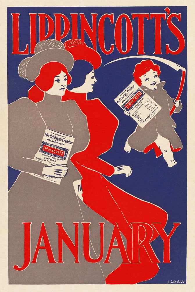 Two women holding Lippincott's magazine with a child and scythe poster print.