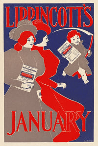 Two women holding Lippincott's magazine with a child and scythe poster print.