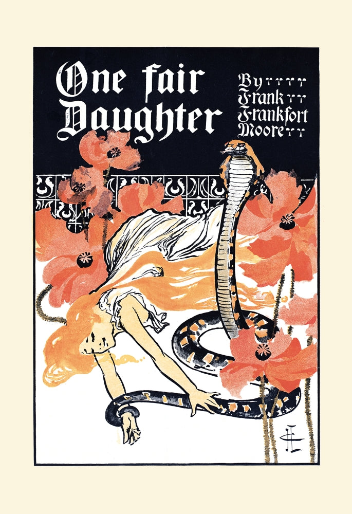 A stunning poster print of a woman held by a snake, artwork by J. C. Leyendecker.