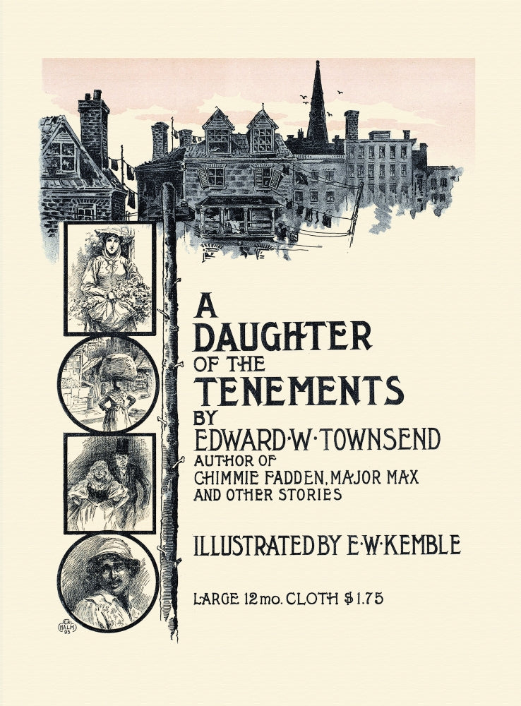 Cityscape and portraits poster print by Geo. R. Halm showing urban scenery and four individual portraits.