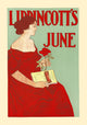 Woman holding a rose and Lippincott's Magazine poster print.