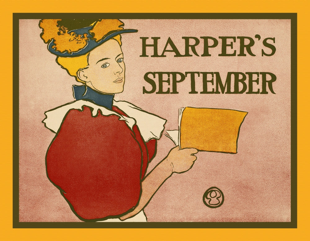 A woman holding a book and looking over her shoulder poster print by Edward Penfield.