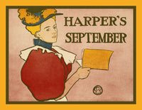 A woman holding a book and looking over her shoulder poster print by Edward Penfield.