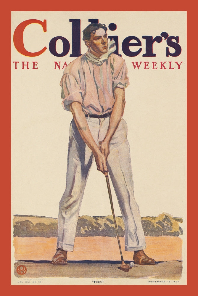 Ready to Swing Golf Poster Print by Edward Penfield, featuring a man ready to hit a golf ball.