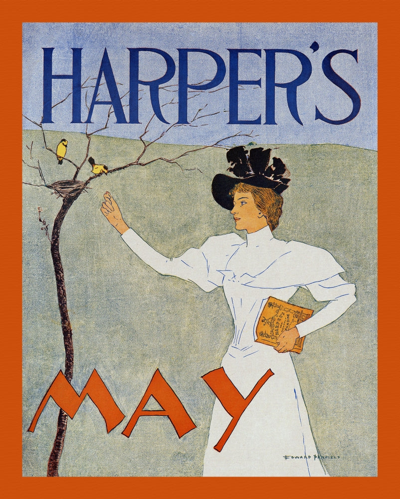 Woman holding a magazine reaching out to birds perched near a nest by Edward Penfield Poster Print