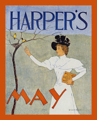 Woman holding a magazine reaching out to birds perched near a nest by Edward Penfield Poster Print
