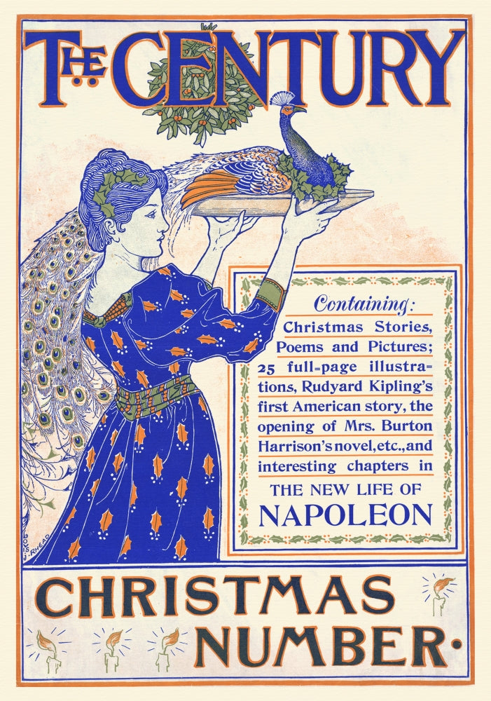 A woman holding a tray with a peacock, fine art print by Louis Rhead.