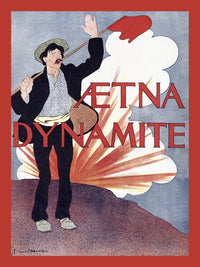 A man holding a flag with an explosion in the background poster print by Edward Penfield.