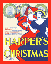 A woman holding Santa Claus' hand lifting a coupe glass in a festive scene.
