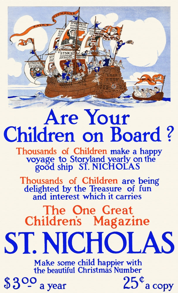 Children sailing on a large ship and a smaller boat - poster print.