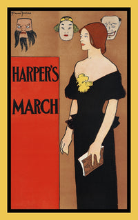 Poster print of a woman holding a magazine with three masks behind her by Edward Penfield.